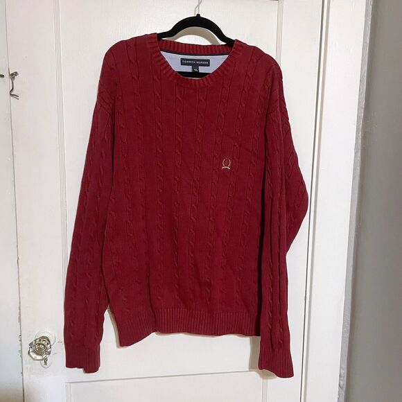 Tommy Hilfiger Mens Sweater Size L Red Cable Knit Cotton Pullover Burgundy - Picture 1 of 7